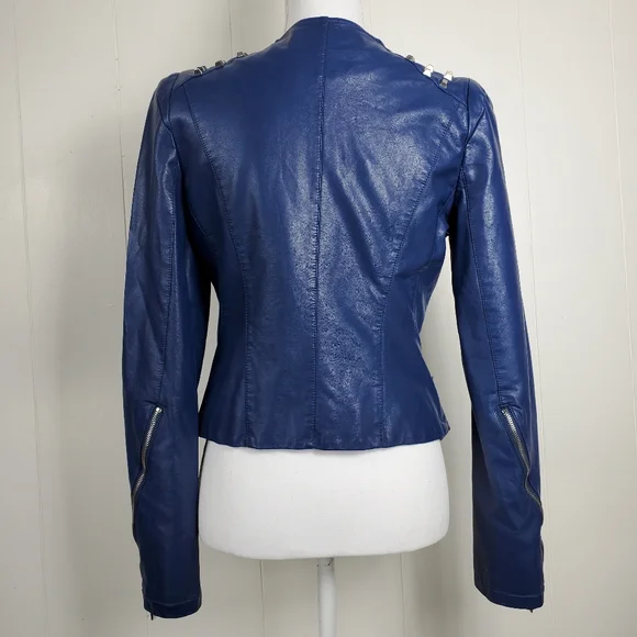 Moto biker blue studded faux leather coat size small - Picture 8 of 11